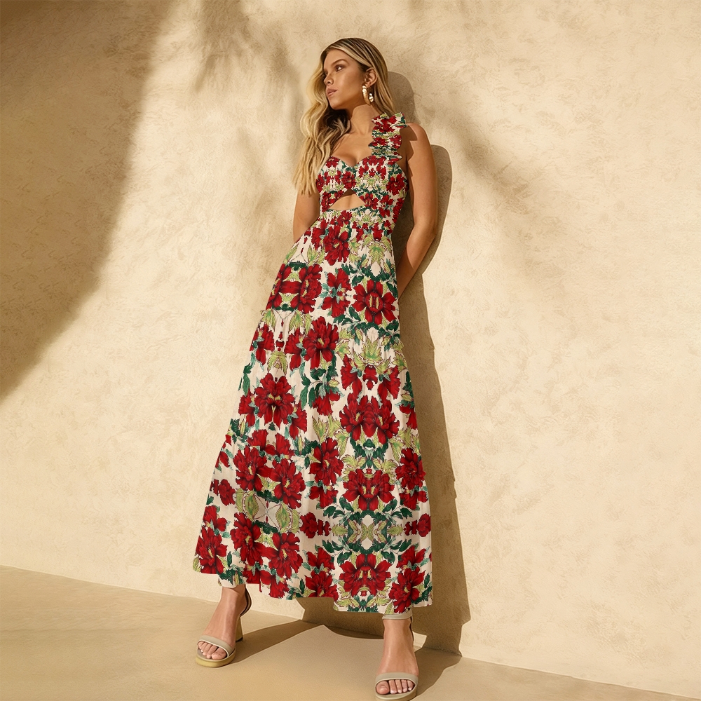 Vintage Floral Ruffled Cutout Swimsuit Maxi Skirt Two Piece Set