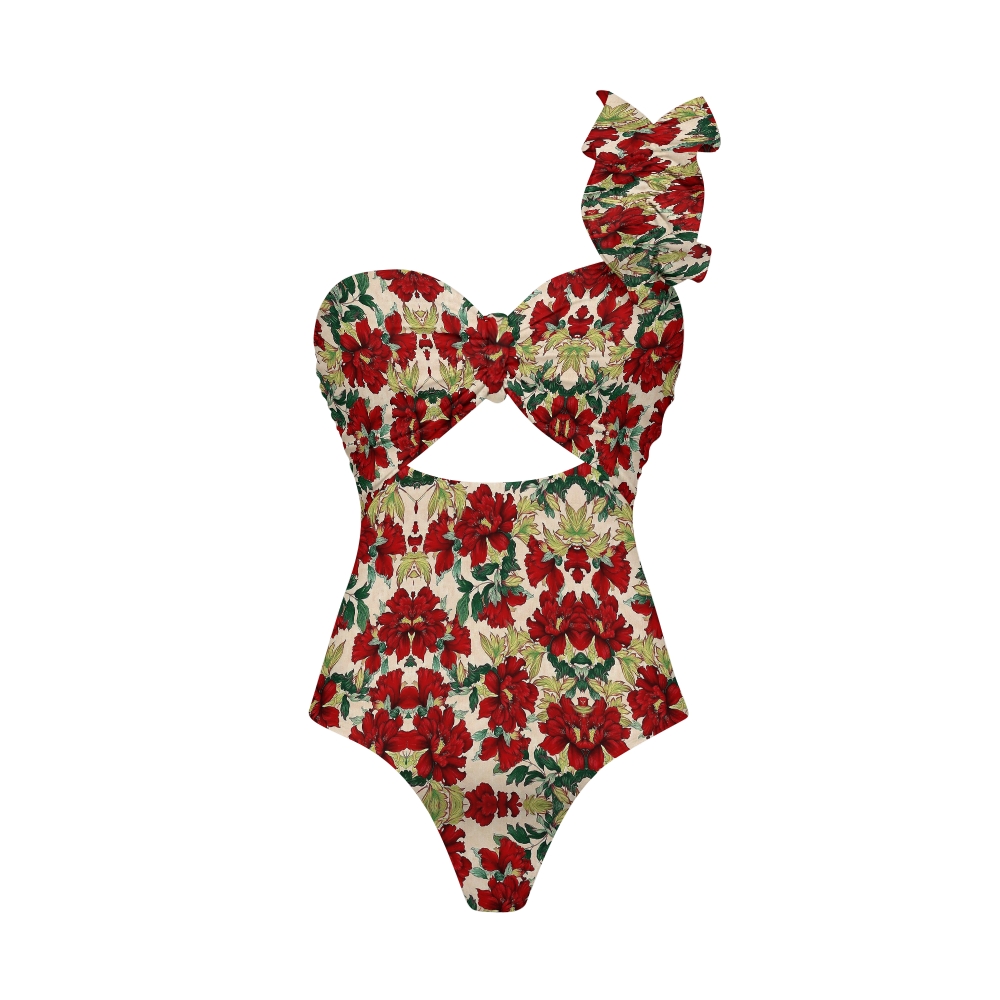 Vintage Floral Ruffled Cutout Swimsuit Maxi Skirt Two Piece Set