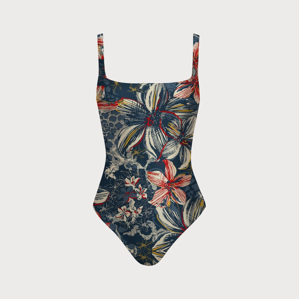 Tropical Floral Color Block Back Cross Swimsuit