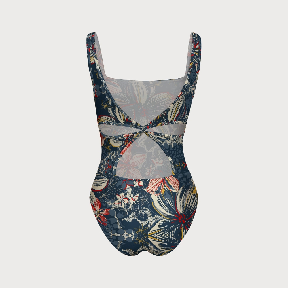 Tropical Floral Color Block Back Cross Swimsuit