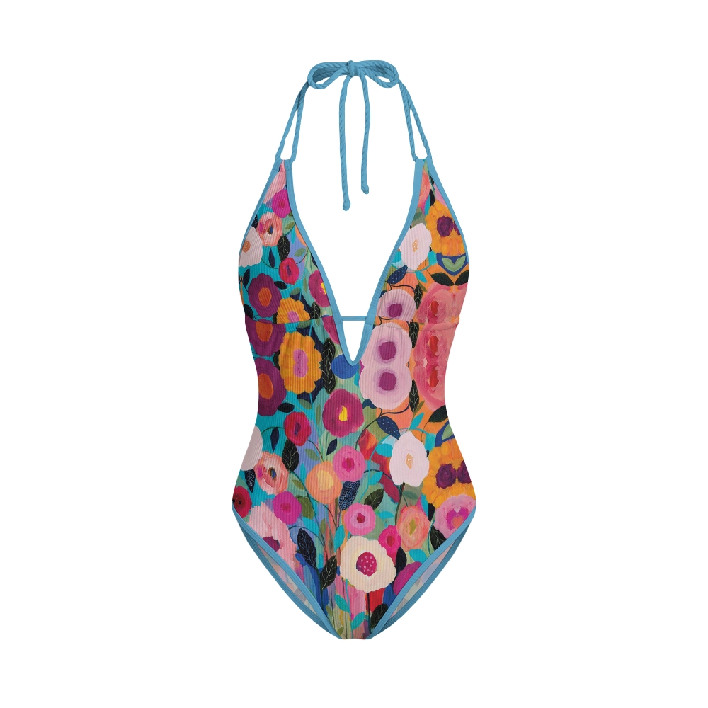 Artistic Floral Color Block Halter Swimsuit