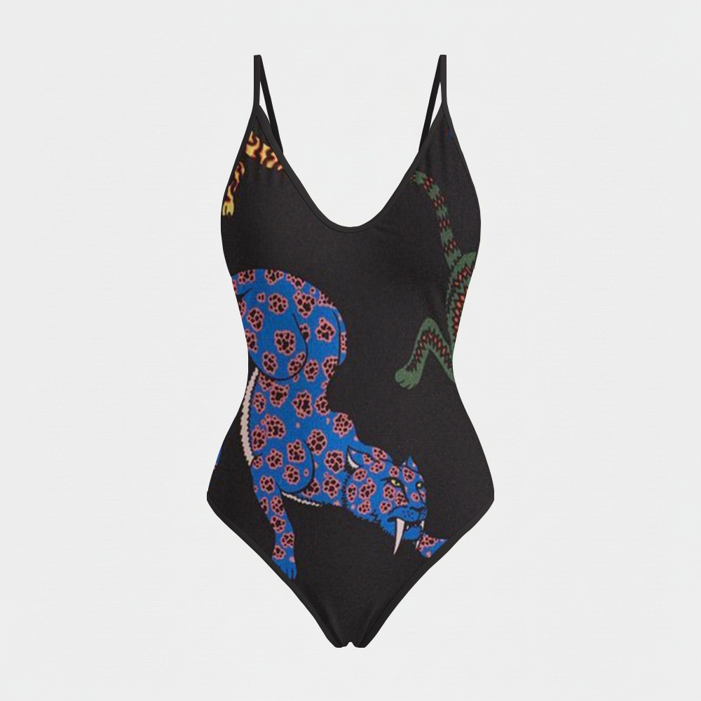 Blue Panther Print Plunging Swimsuit