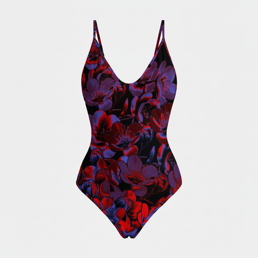 Crimson Floral Print Plunging Swimsuit
