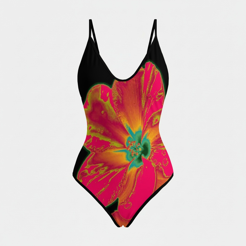 Neon Hibiscus Print Plunging Swimsuit