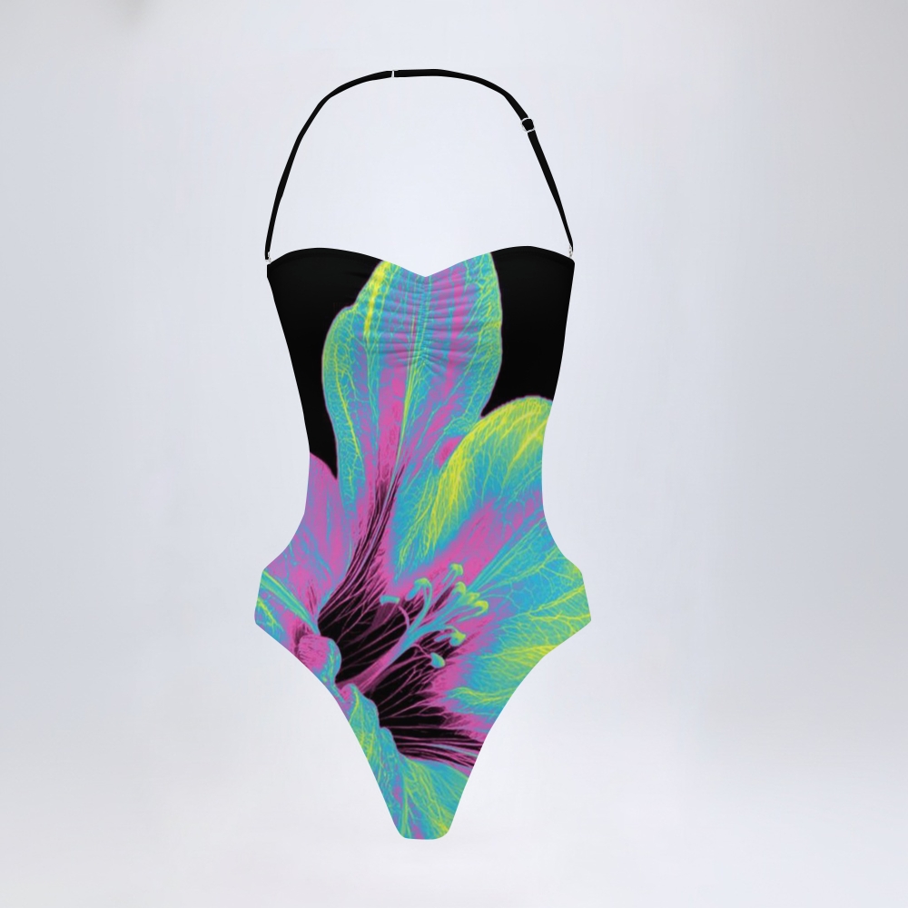 Psychedelic Petal Print Swimsuit with Open Back