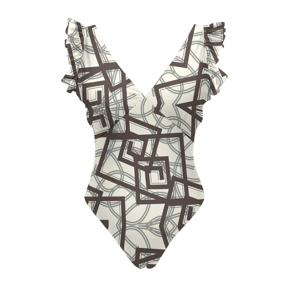 Geometric Line Color Block Ruffled Swimsuit