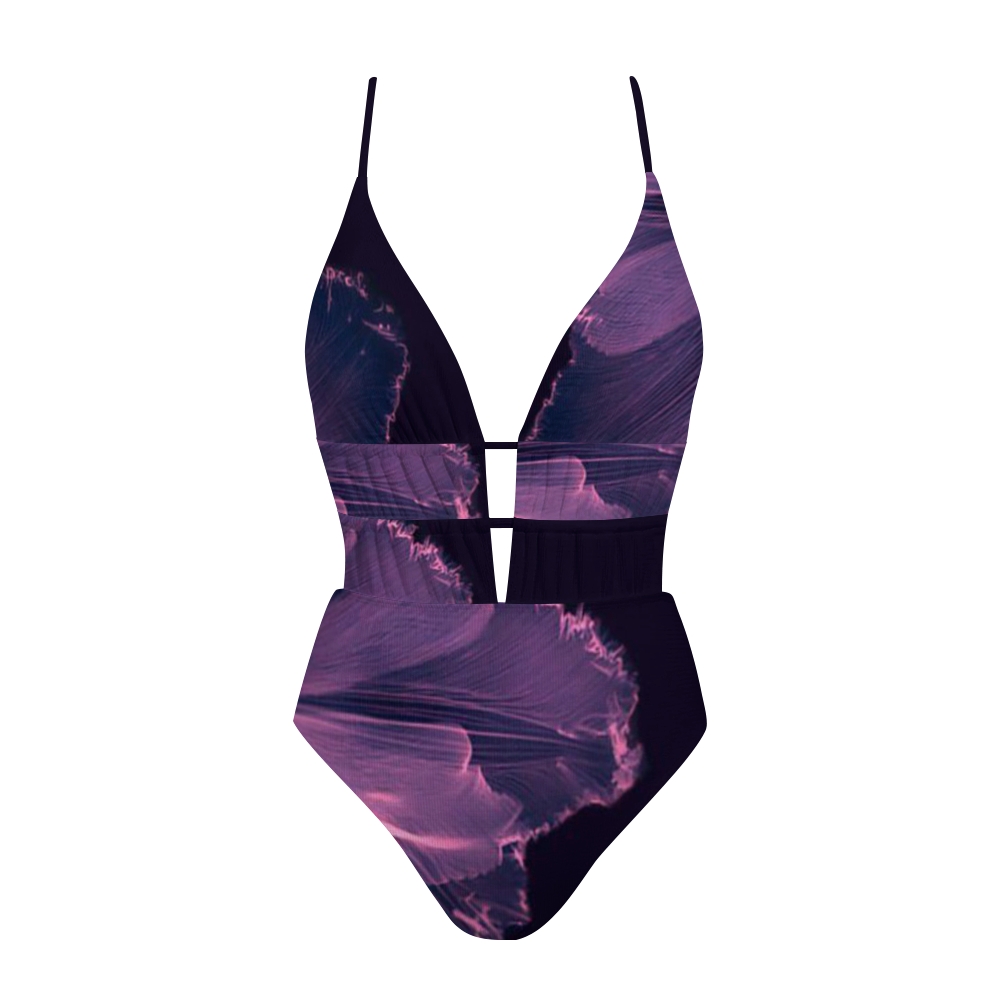 Purple Petal Print Plunge One-Piece Swimsuit
