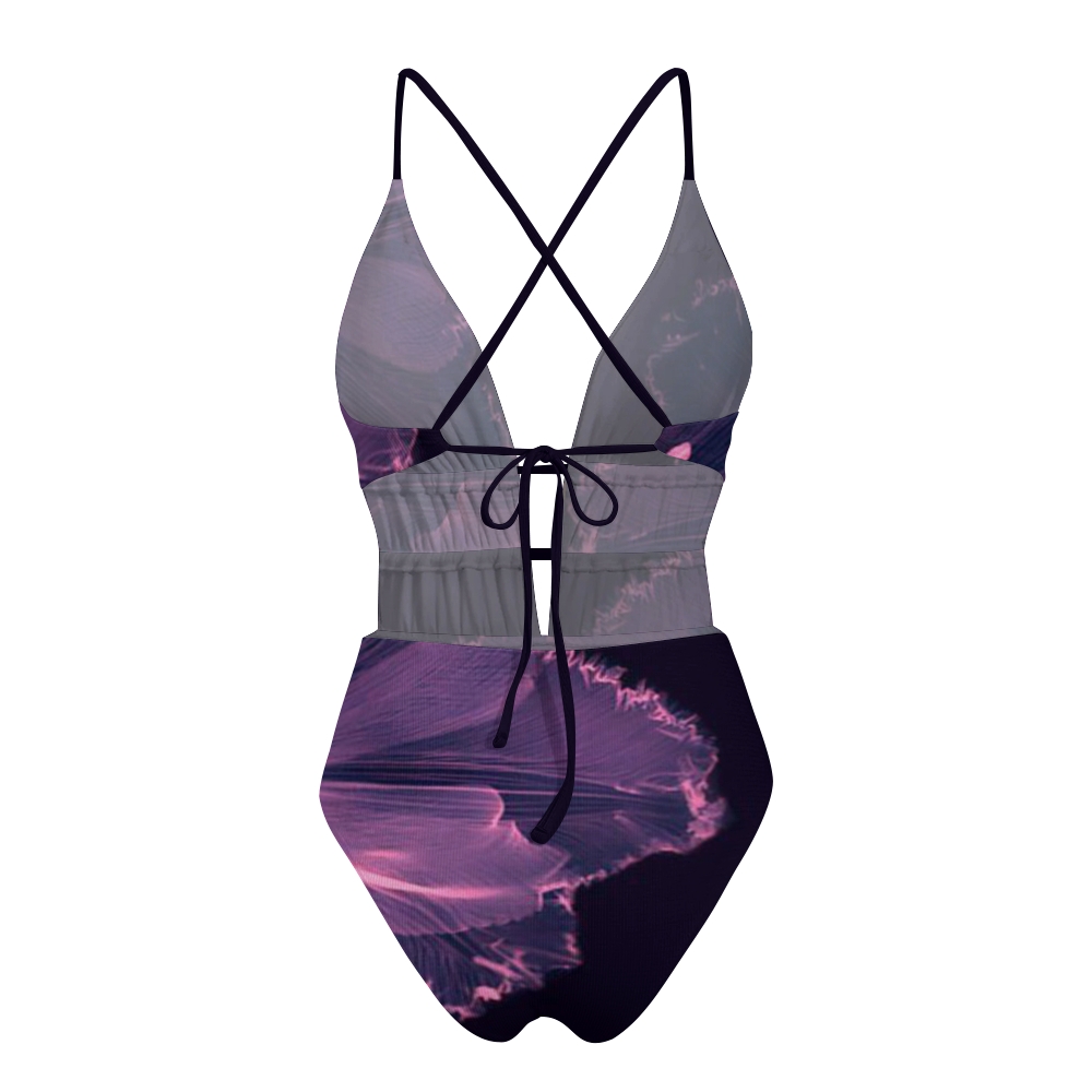 Purple Petal Print Plunge One-Piece Swimsuit