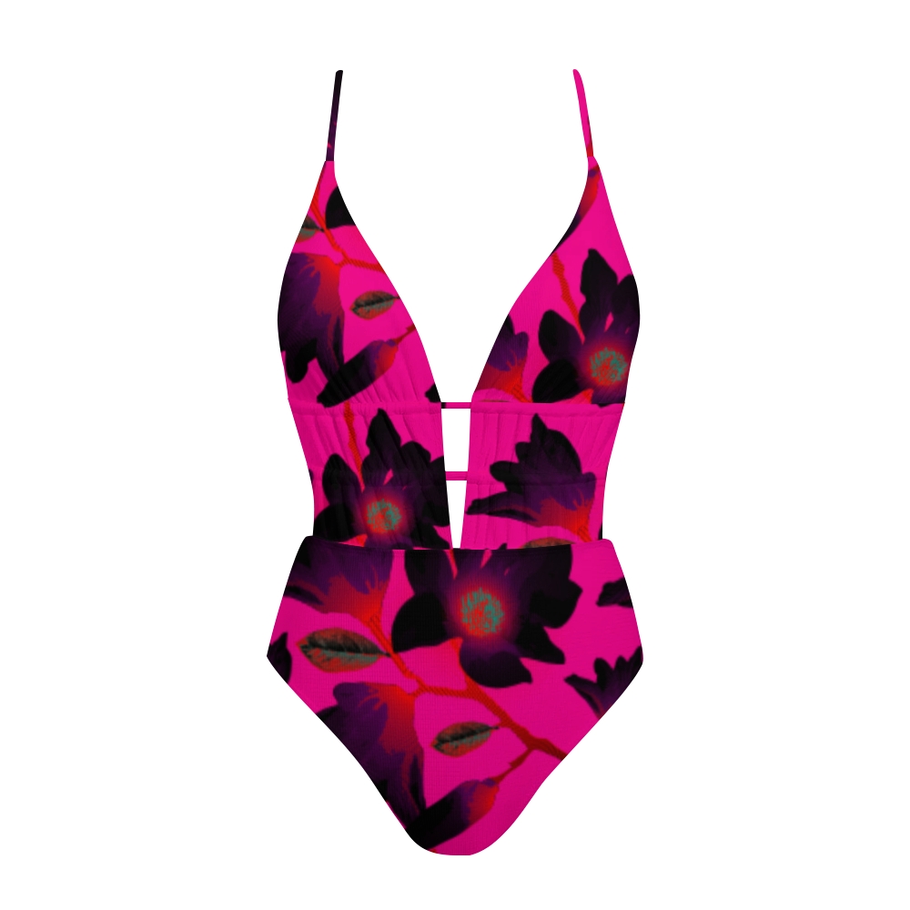 Black Gradient Floral Print Plunge Swimsuit