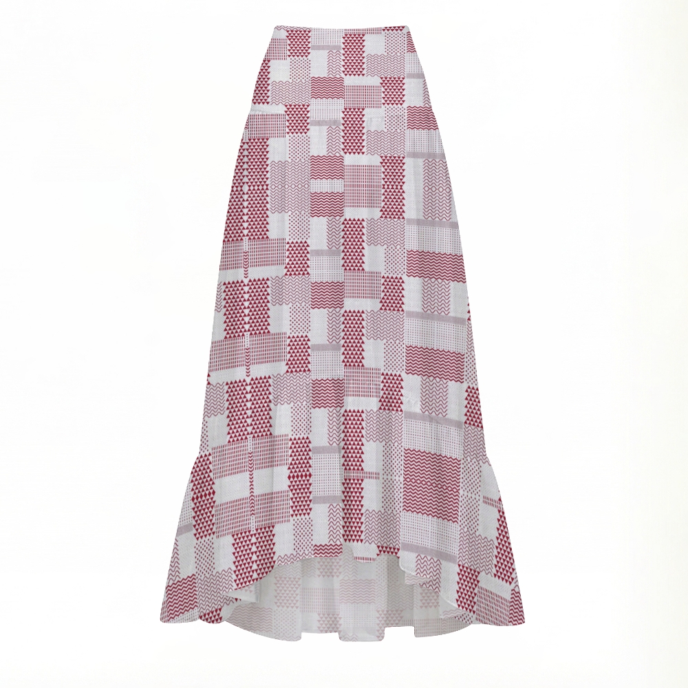 Geometric Plaid Bandeau Swimsuit With Ruffle Hem Maxi Skirt