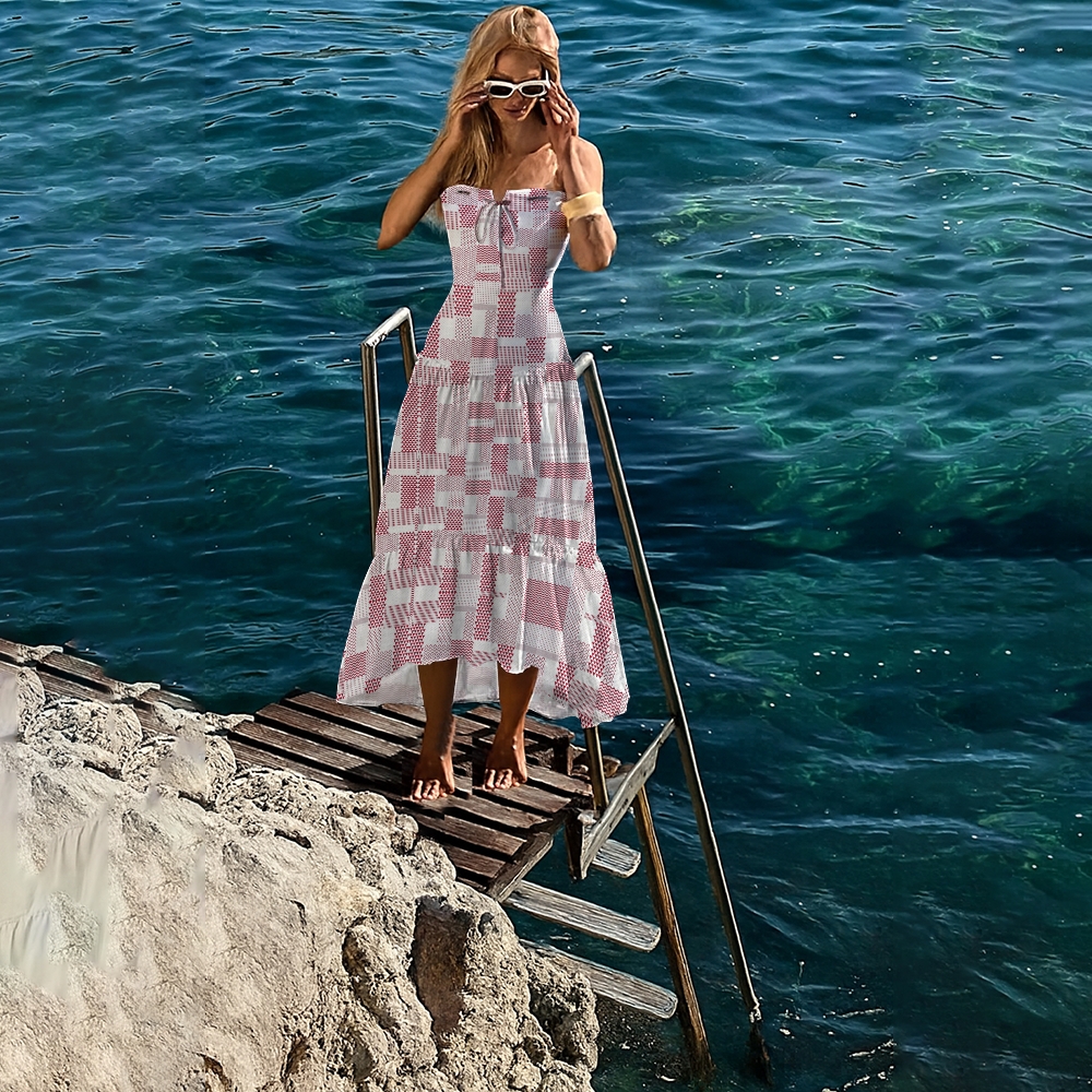 Geometric Plaid Bandeau Swimsuit With Ruffle Hem Maxi Skirt