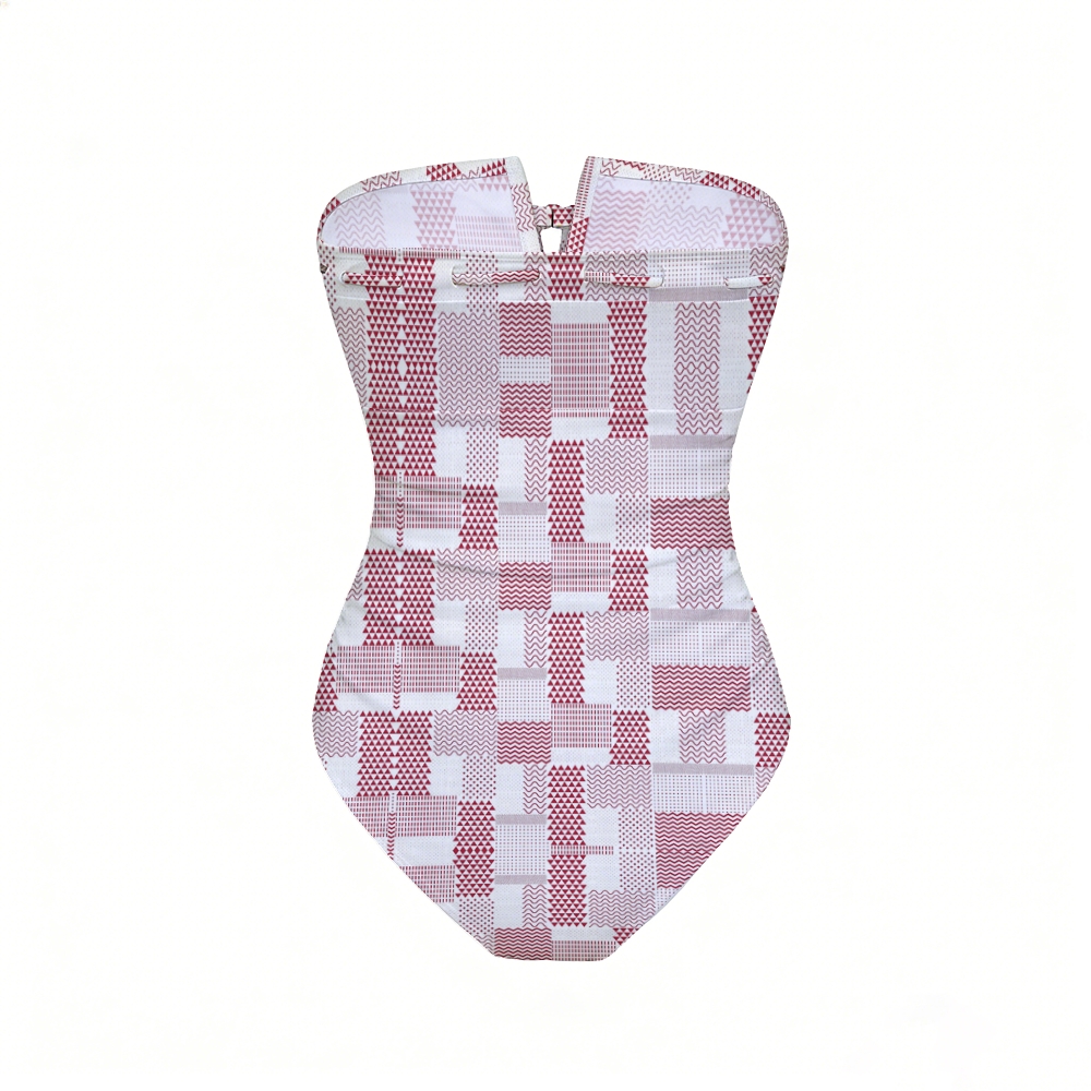 Geometric Plaid Bandeau Swimsuit With Ruffle Hem Maxi Skirt