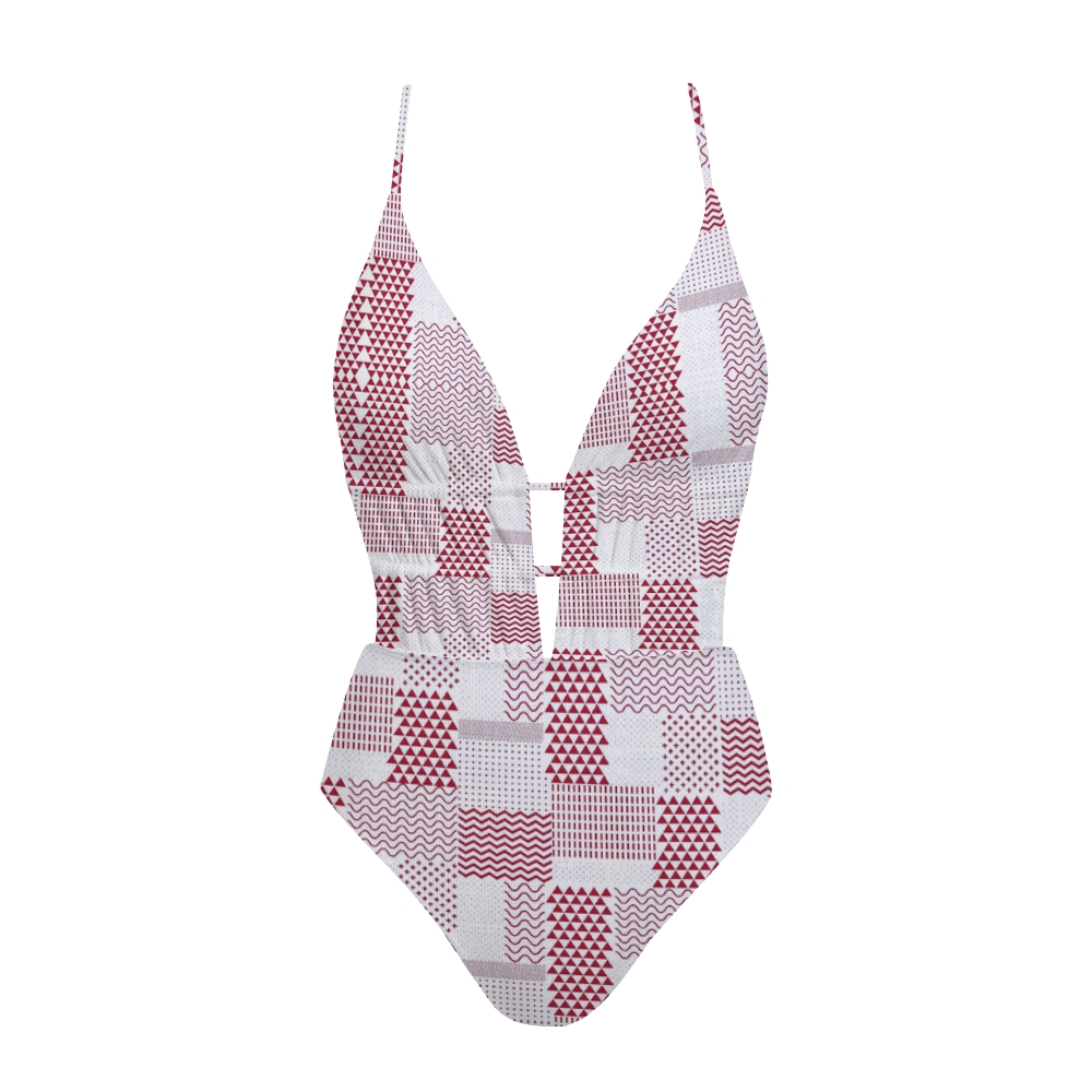 Red White Geometric Plaid Halter Back Cross Tie Swimsuit