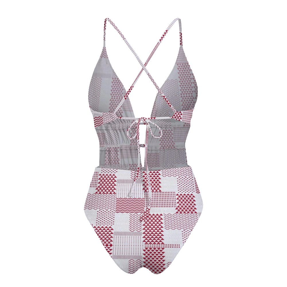 Red White Geometric Plaid Halter Back Cross Tie Swimsuit