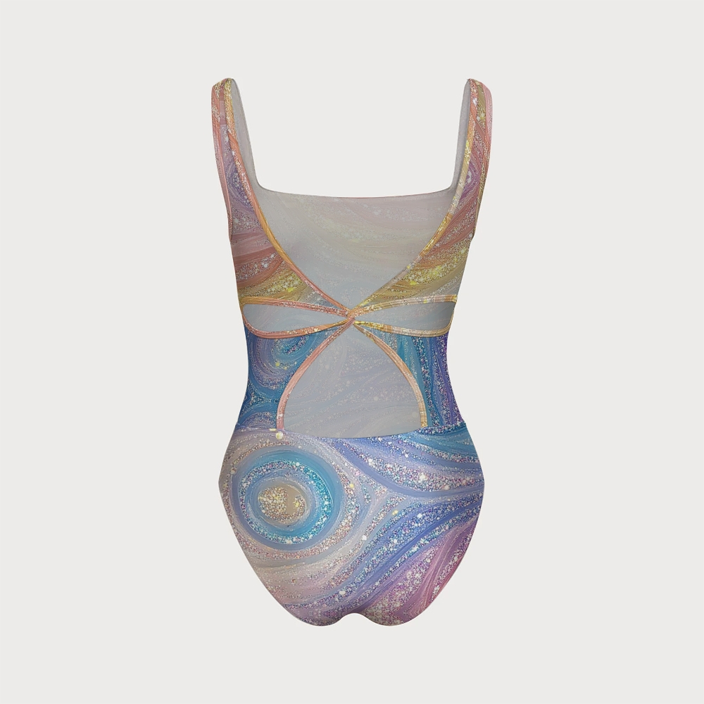 Iridescent Gradient Swirl Sequin Back Cross Swimsuit