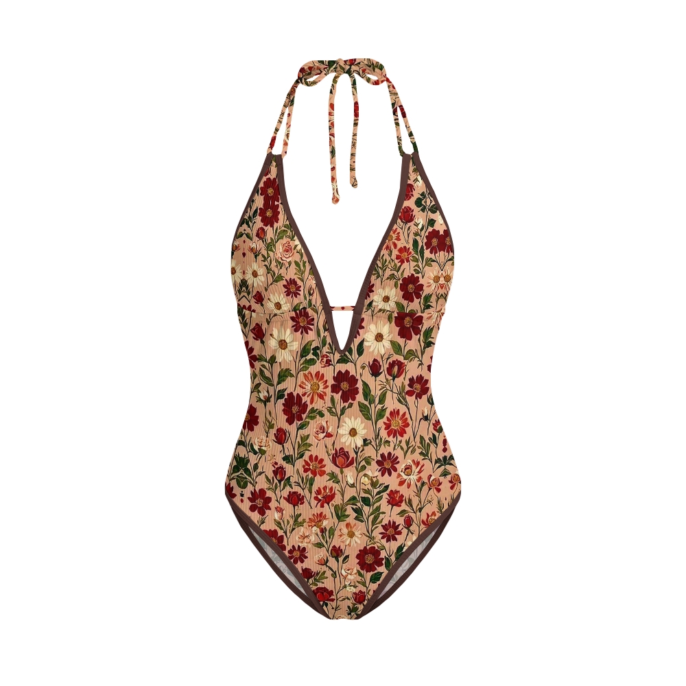 Vintage Floral Halter Back Tie Swimsuit
