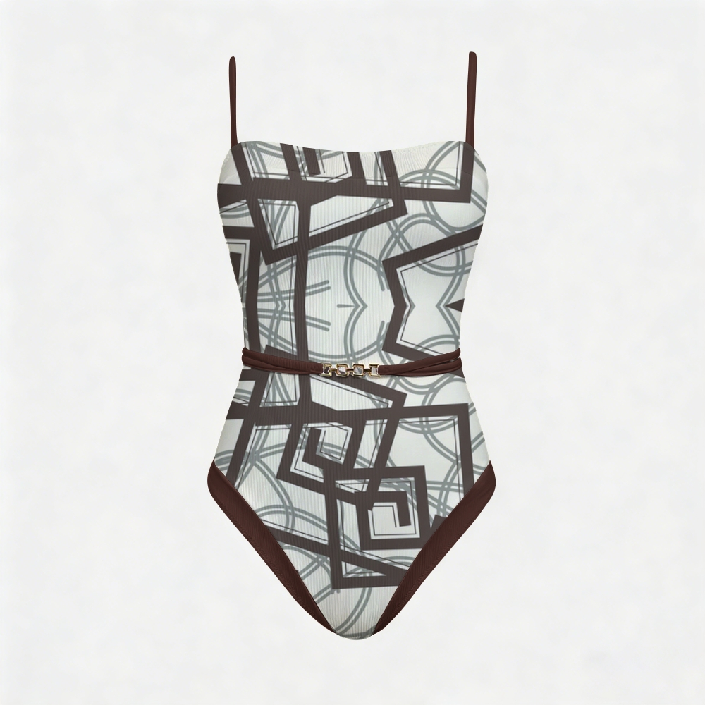 Geometric Color Block Waist Cinch Metal Buckle Swimsuit