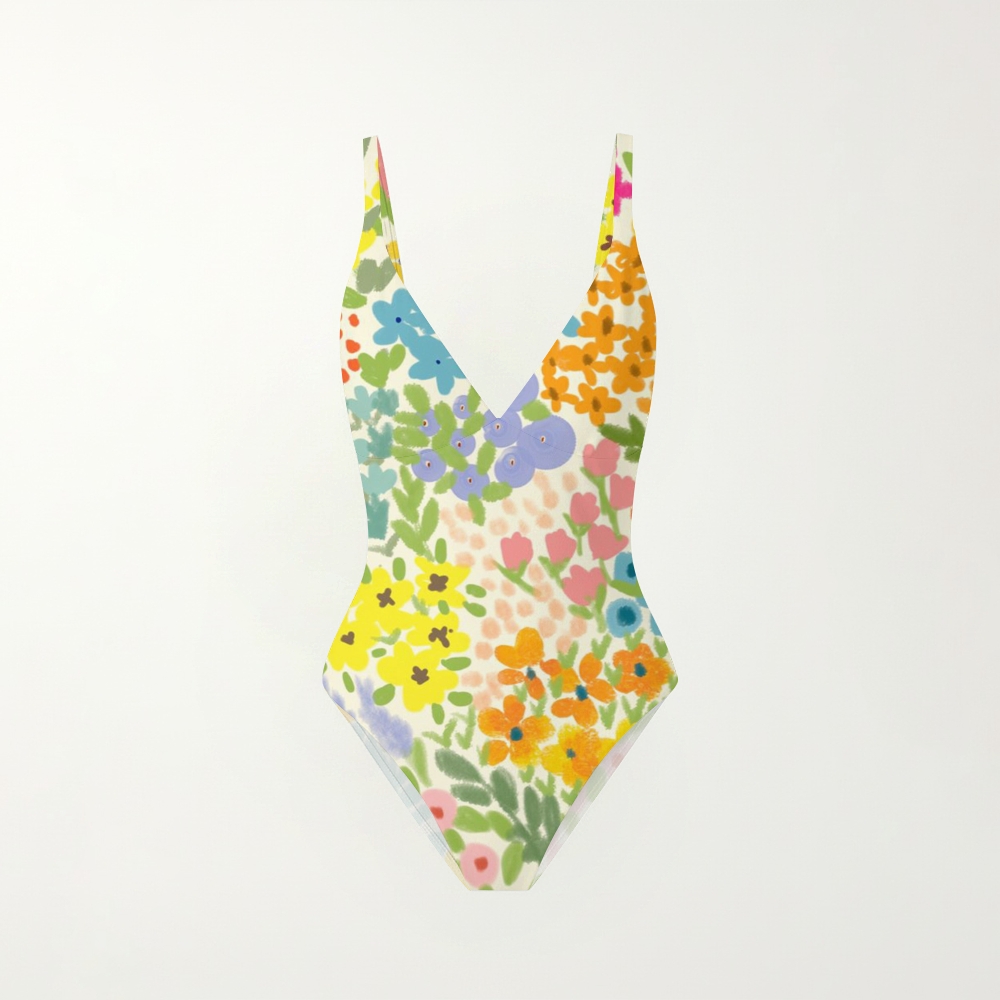 Watercolor Floral Print Plunging V-Back One-Piece Swimsuit