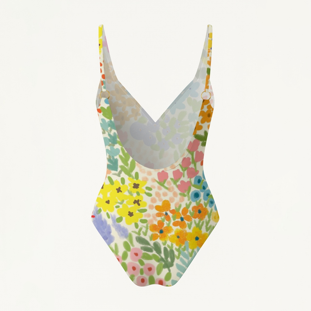 Watercolor Floral Print Plunging V-Back One-Piece Swimsuit