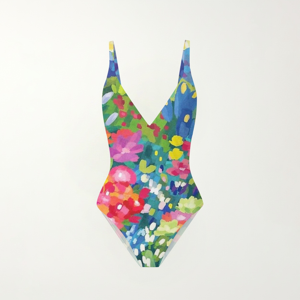 Vibrant Abstract Floral Print Plunging Swimsuit