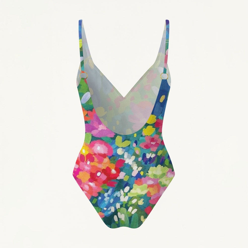 Vibrant Abstract Floral Print Plunging Swimsuit