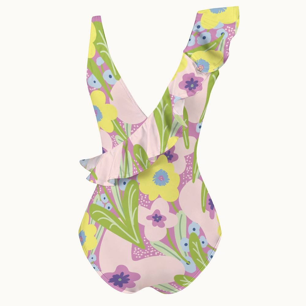 Pastel Floral Asymmetric Ruffle Swimsuit