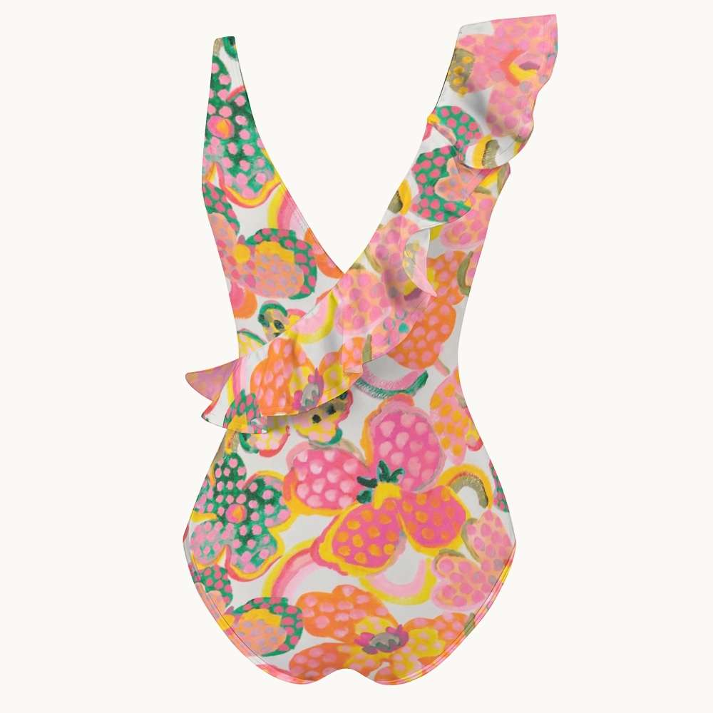 Polka Dot Floral Asymmetric Ruffle Swimsuit