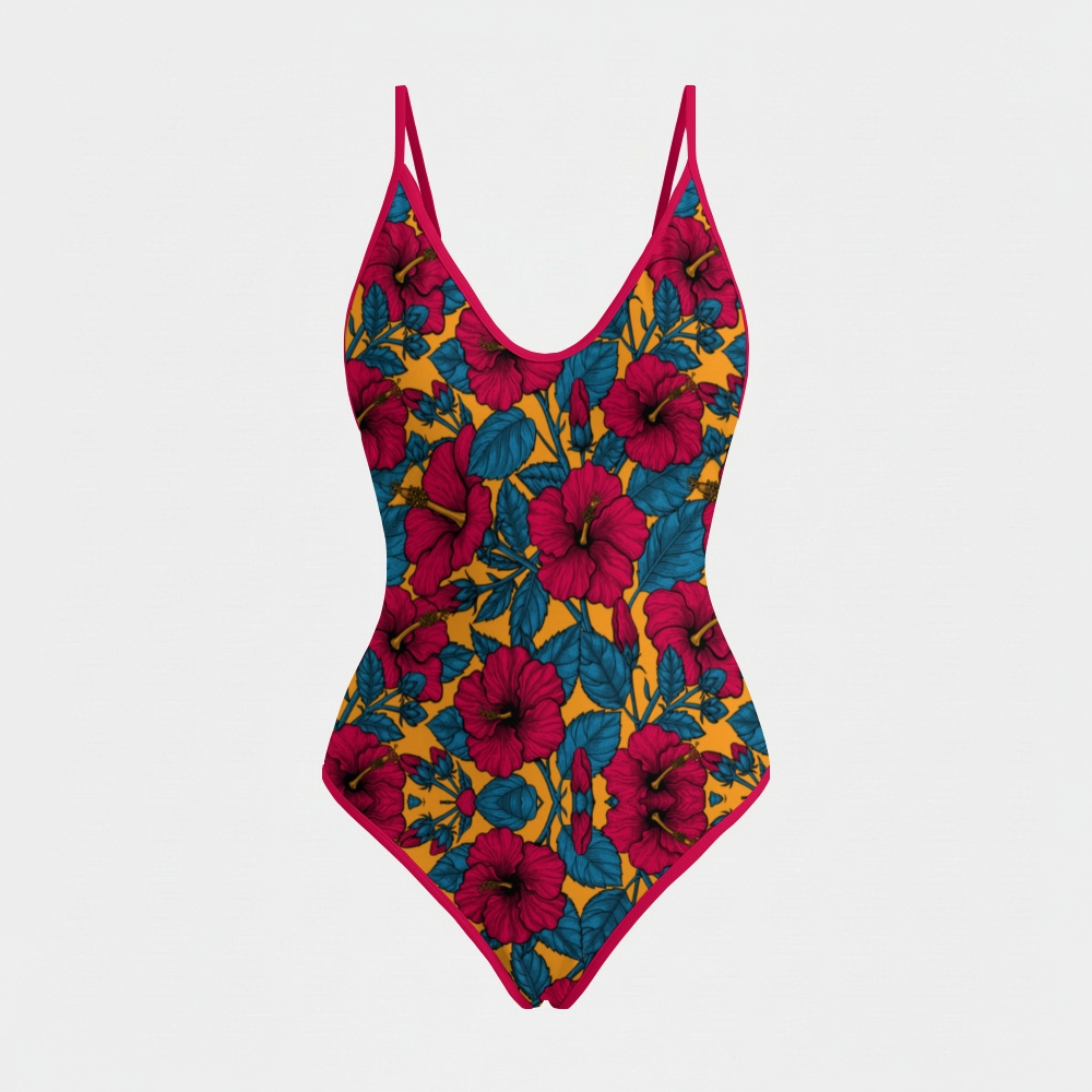 Red Hibiscus Flowers Plunging Swimsuit