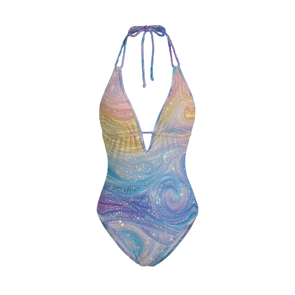 Iridescent Gradient Swirl Sequin Halter Swimsuit