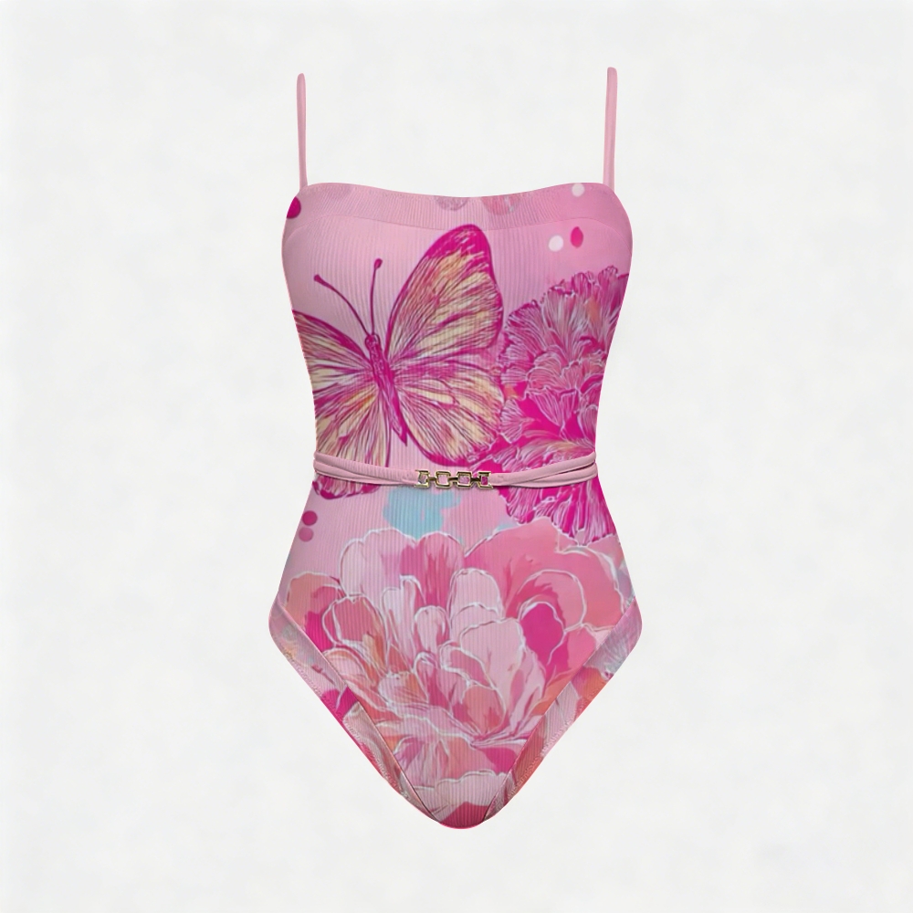 Butterfly Peony Print Contrast Gleam Swimsuit