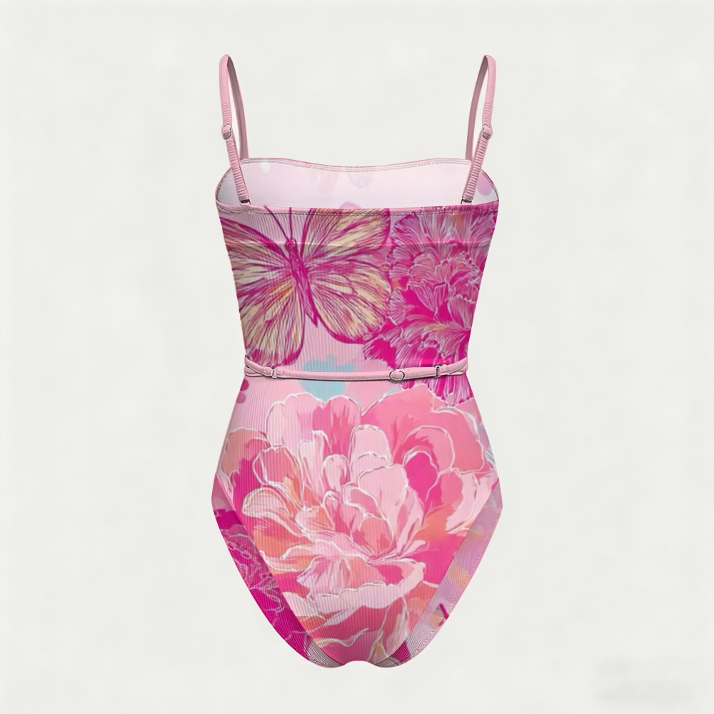Butterfly Peony Print Contrast Gleam Swimsuit