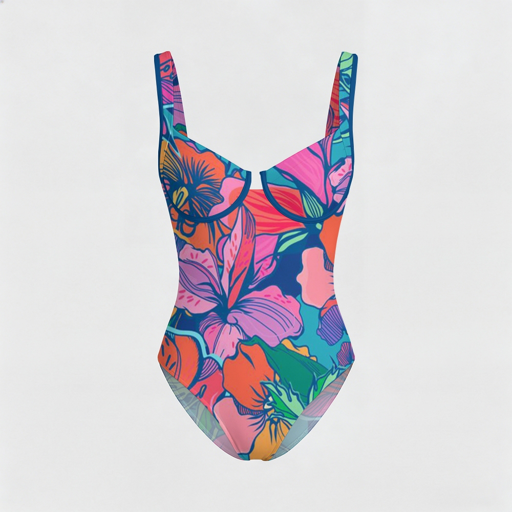Colored Floral Print Contrast Trim Knotted Swimsuit
