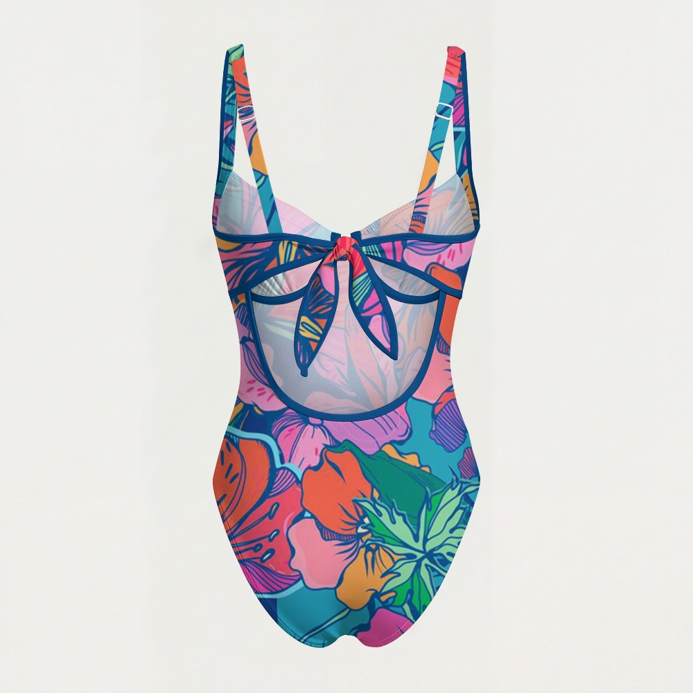 Colored Floral Print Contrast Trim Knotted Swimsuit