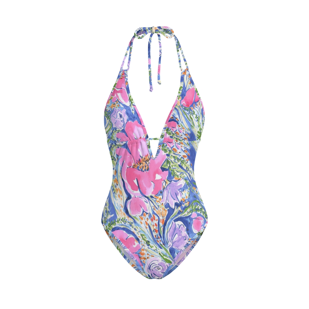 Watercolor Bloom Print Contrast Swimsuit