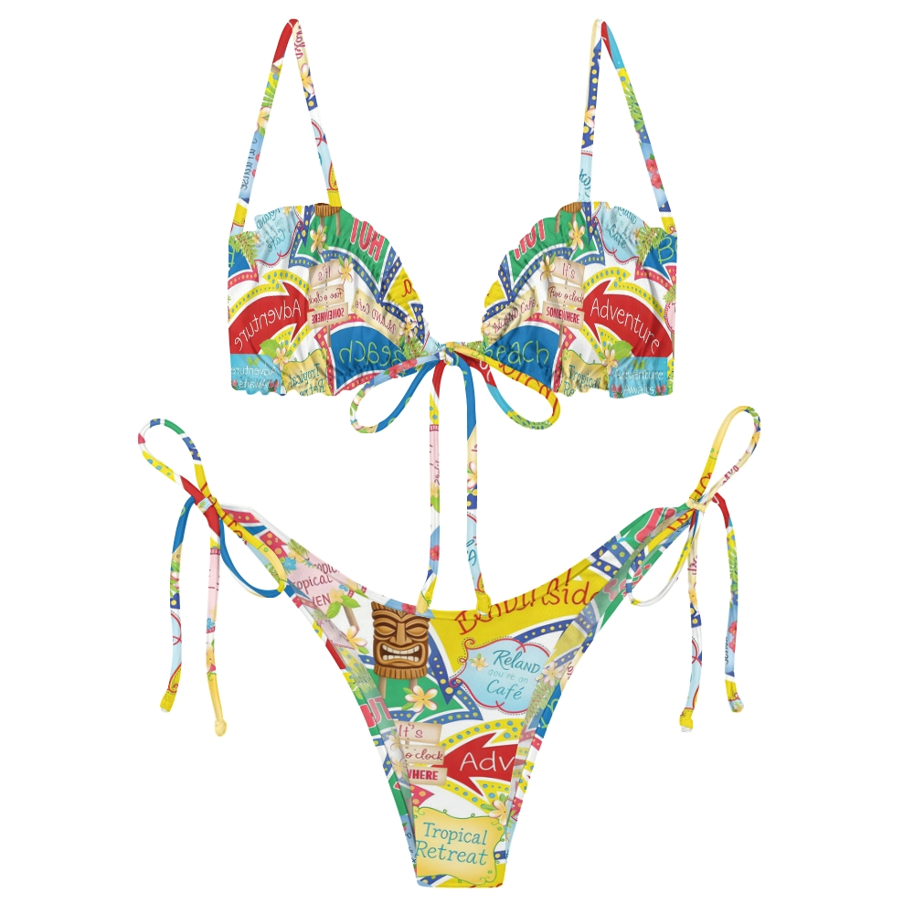 Tropical Island Retro Poster Front Tie Bikini Set