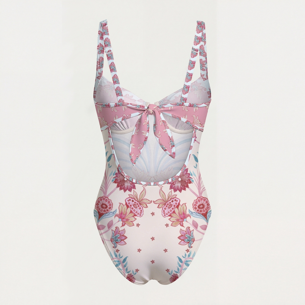 Blush Floral Print Contrast Trim Knotted Swimsuit