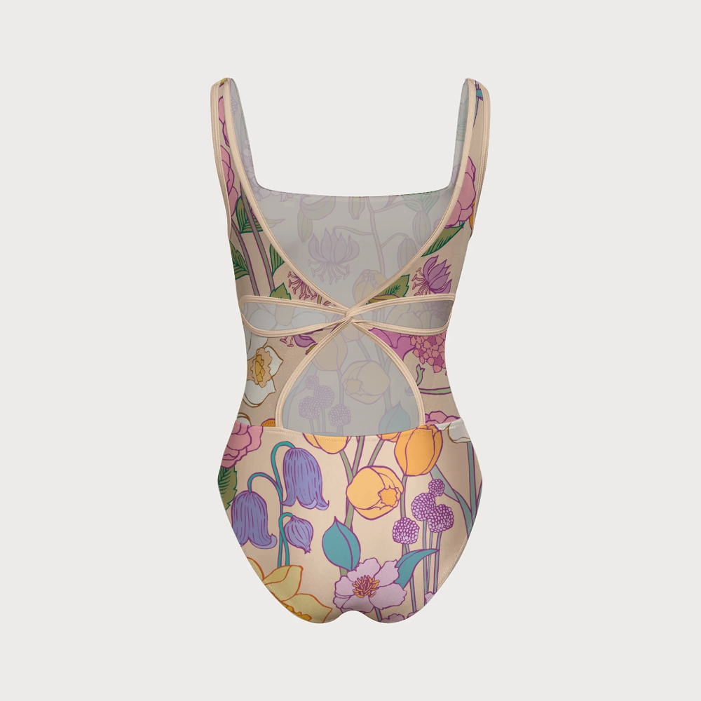 Women's Vintage Floral Swimsuit With Back Mesh Knot
