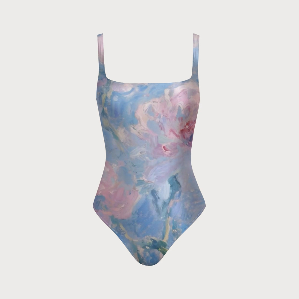 Monet-style Bloom Print Swimsuit With Back Mesh Knot