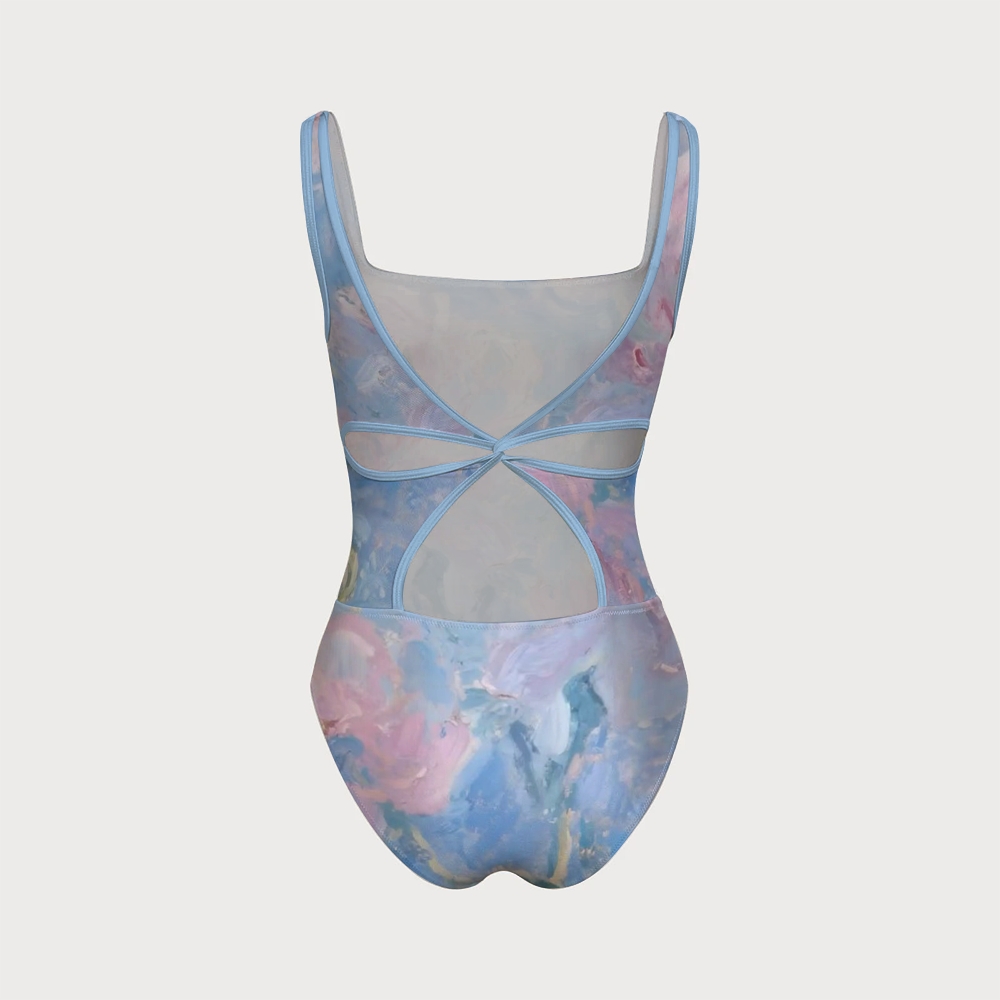 Monet-style Bloom Print Swimsuit With Back Mesh Knot