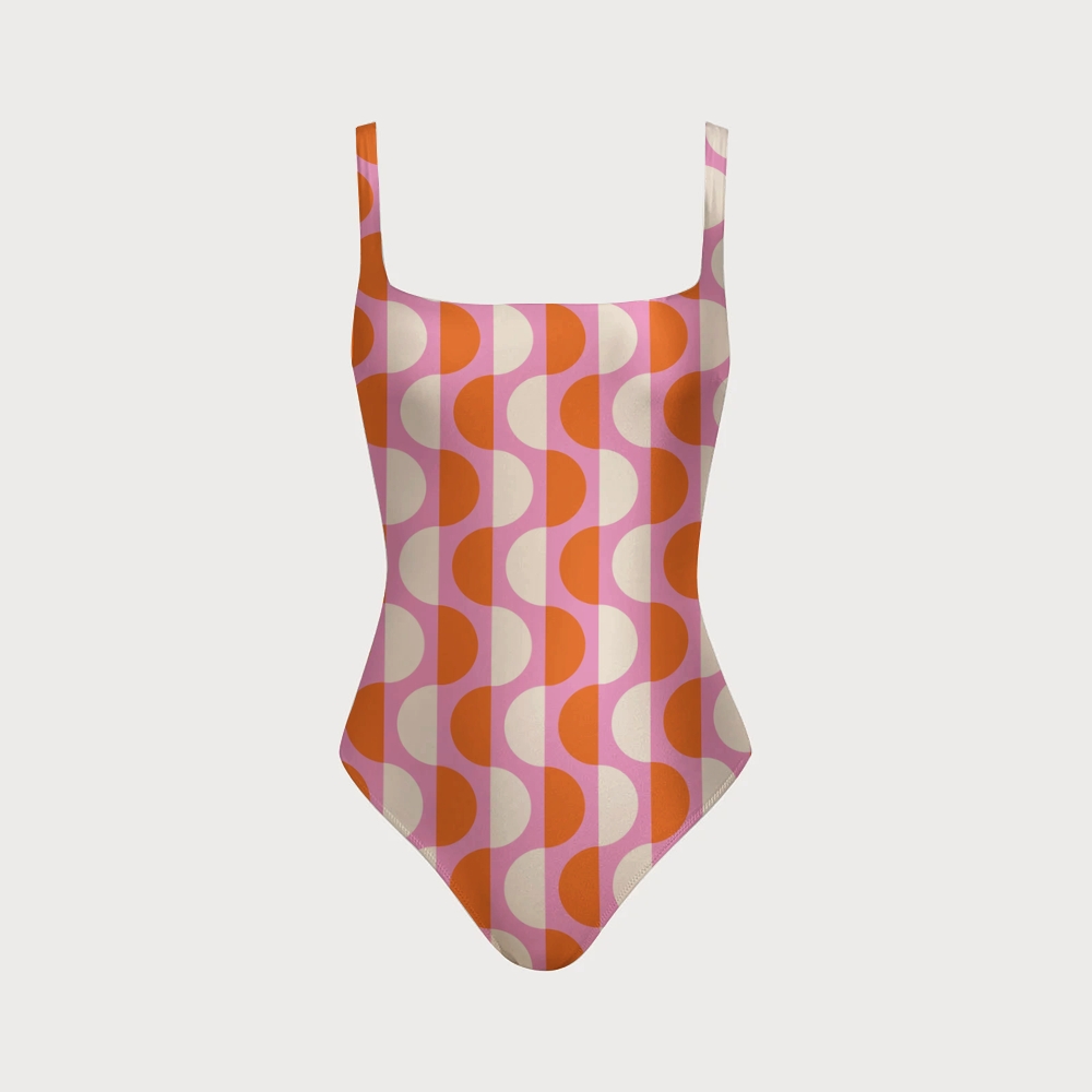 Semicircle Stripe Swimsuit With Back Mesh Knot
