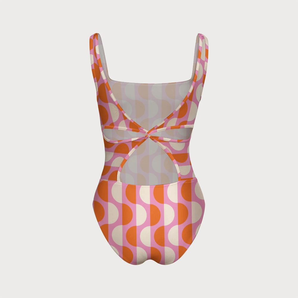 Semicircle Stripe Swimsuit With Back Mesh Knot