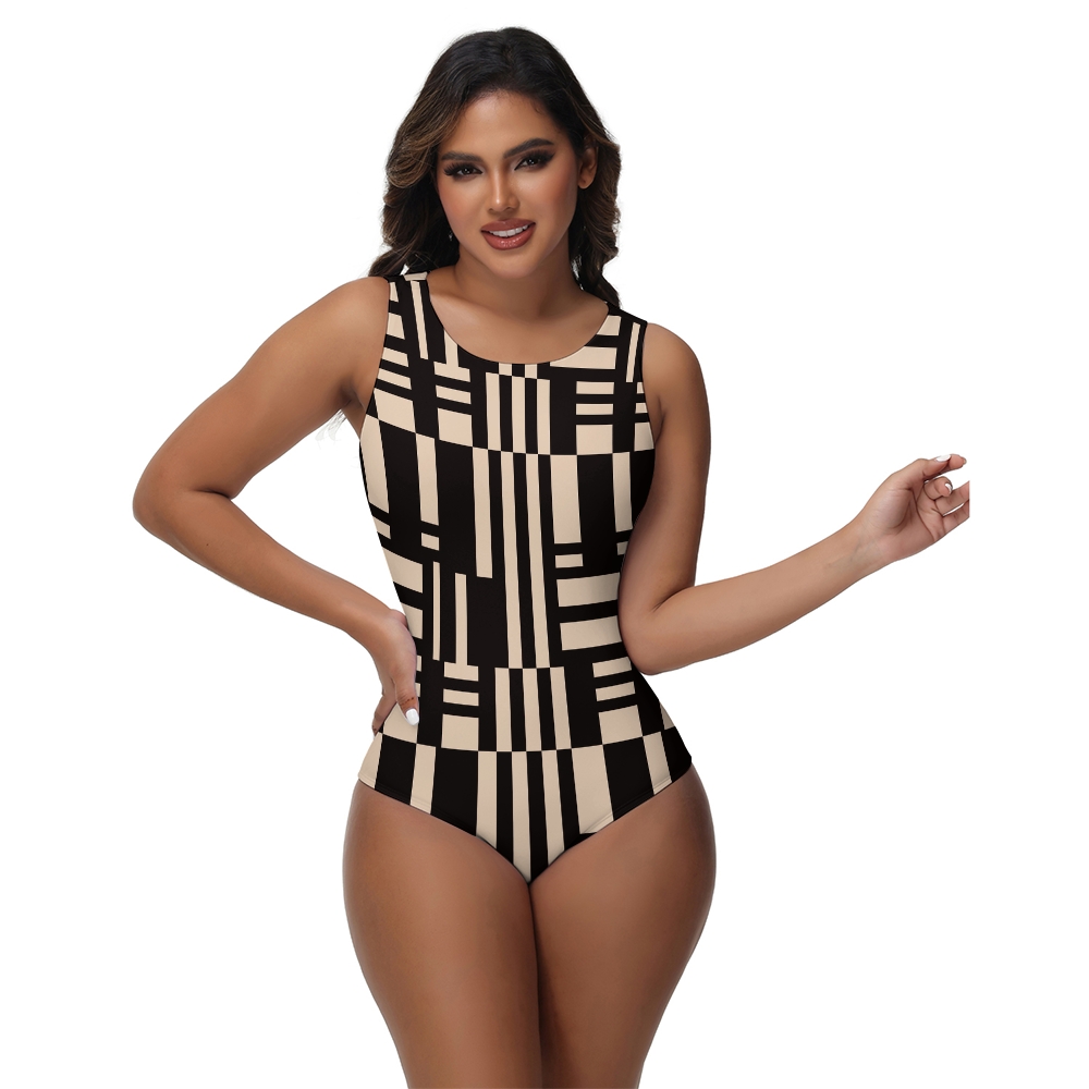 Checkered Stripe Print One-Piece Swimsuit