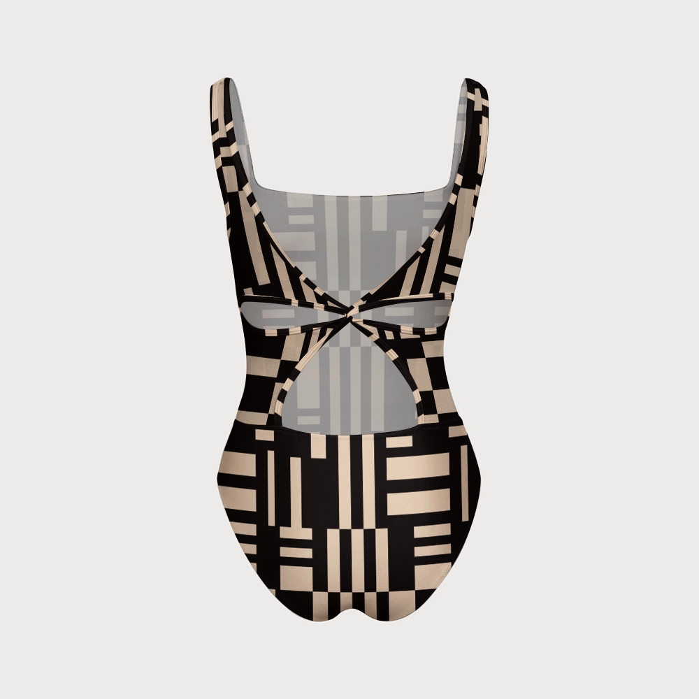 Checkered Stripe Swimsuit With Back Mesh Knot