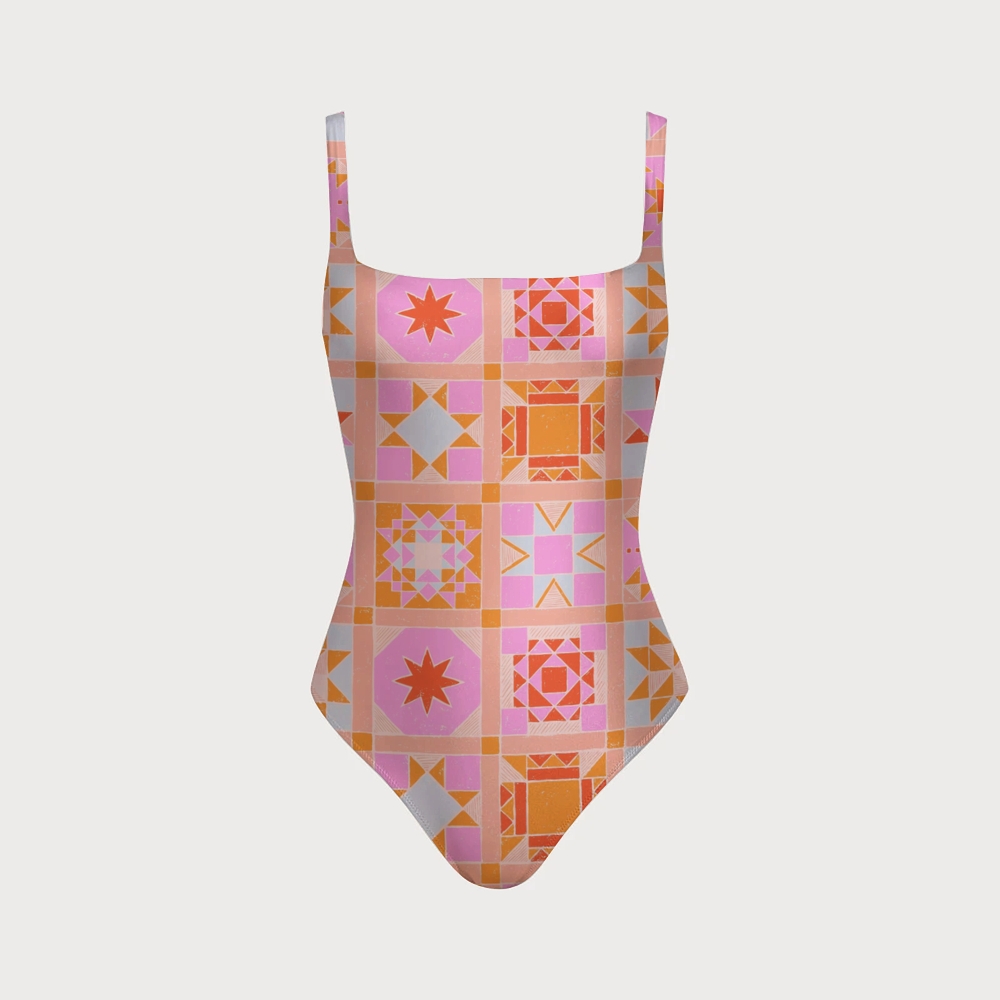 Pastel Geometric Swimsuit With Back Mesh Knot