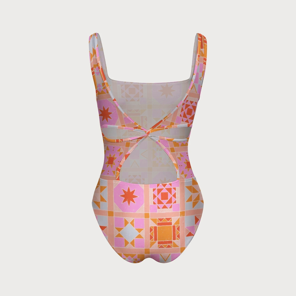 Pastel Geometric Swimsuit With Back Mesh Knot