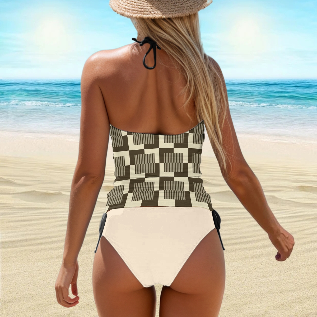 Retro Geometric Check Print Drawstring Tankini