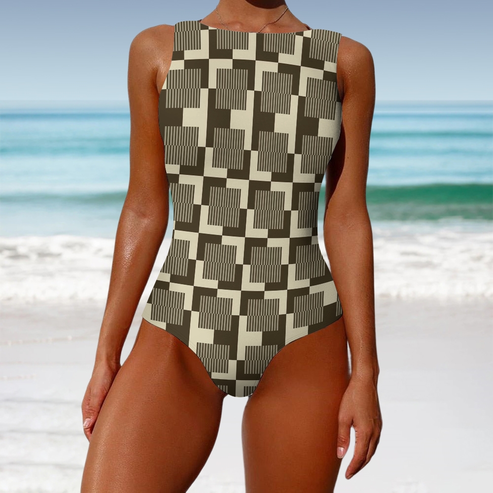 Retro Geometric Check Print Sleeveless Swimsuit