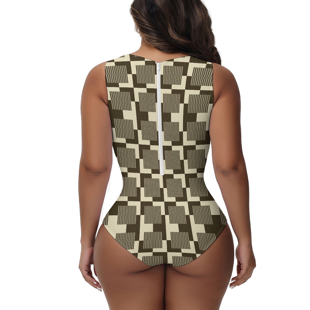 Retro Geometric Check Print Sleeveless Swimsuit