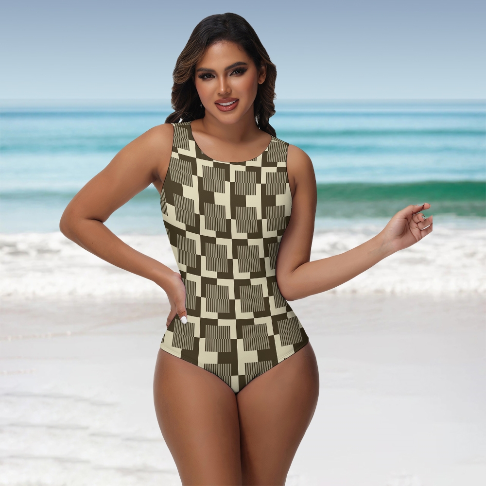 Retro Geometric Check Print Sleeveless Swimsuit