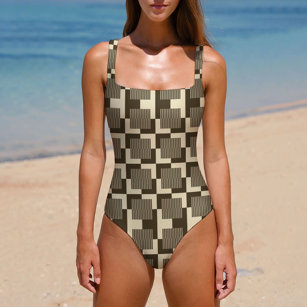 Retro Geometric Check Print Back Crisscross Swimsuit